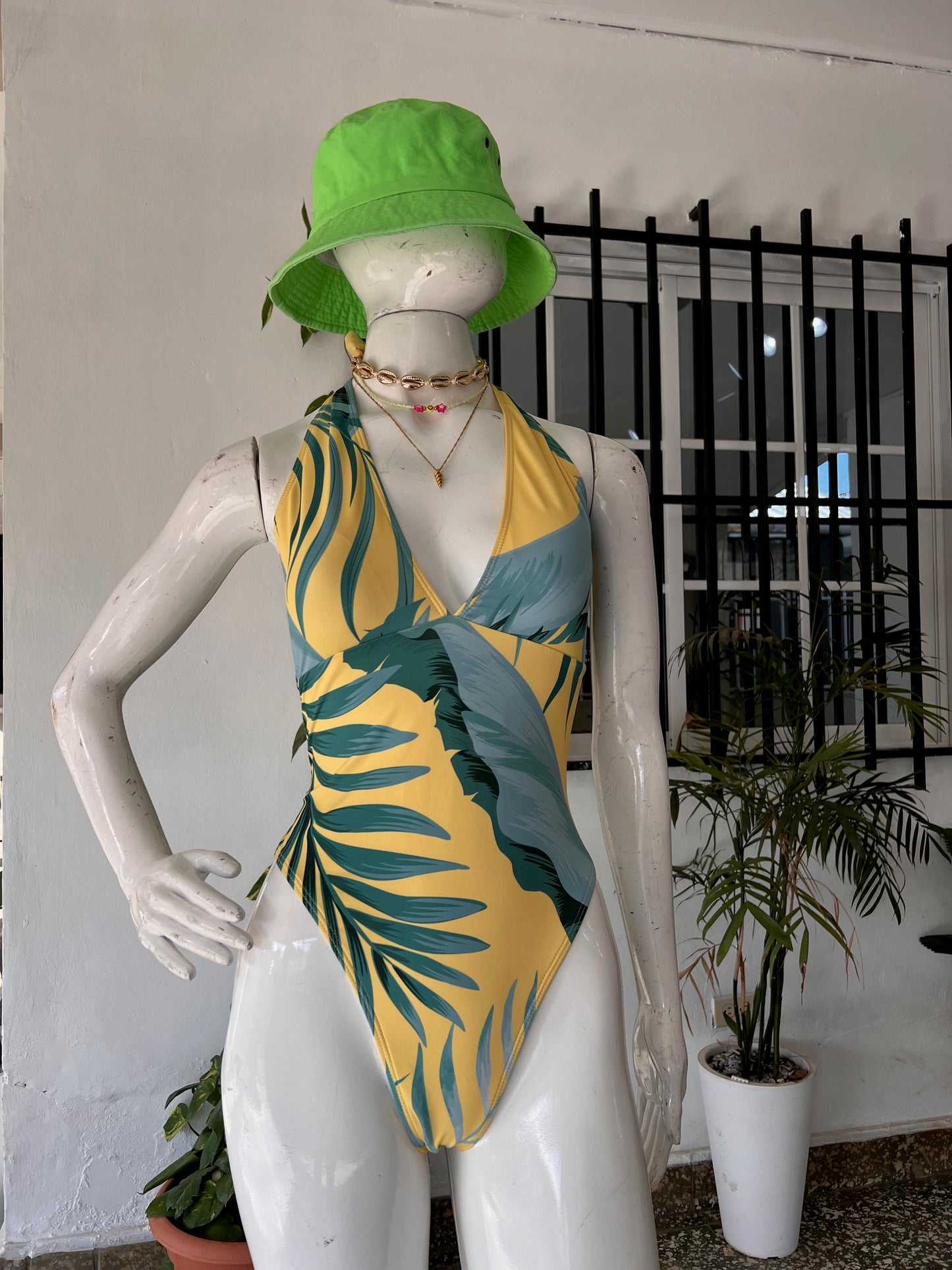 Traje de Baño 1 Pieza Amarilla con Palmeras