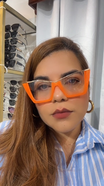 Lentes Cat Eye Naranja Neon Con Dorado