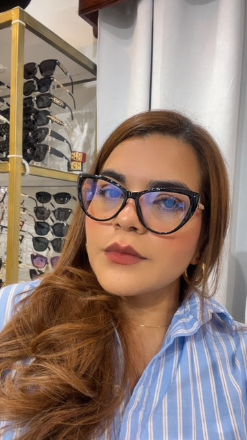 Lentes Cat Eye Negros Patillas Zigzag Gold