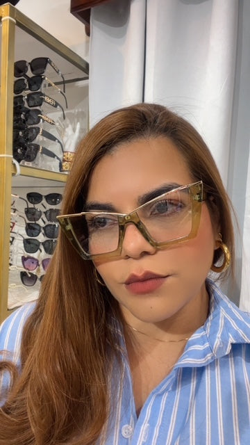 Lentes Cat Eye Verde Clear Con Dorado