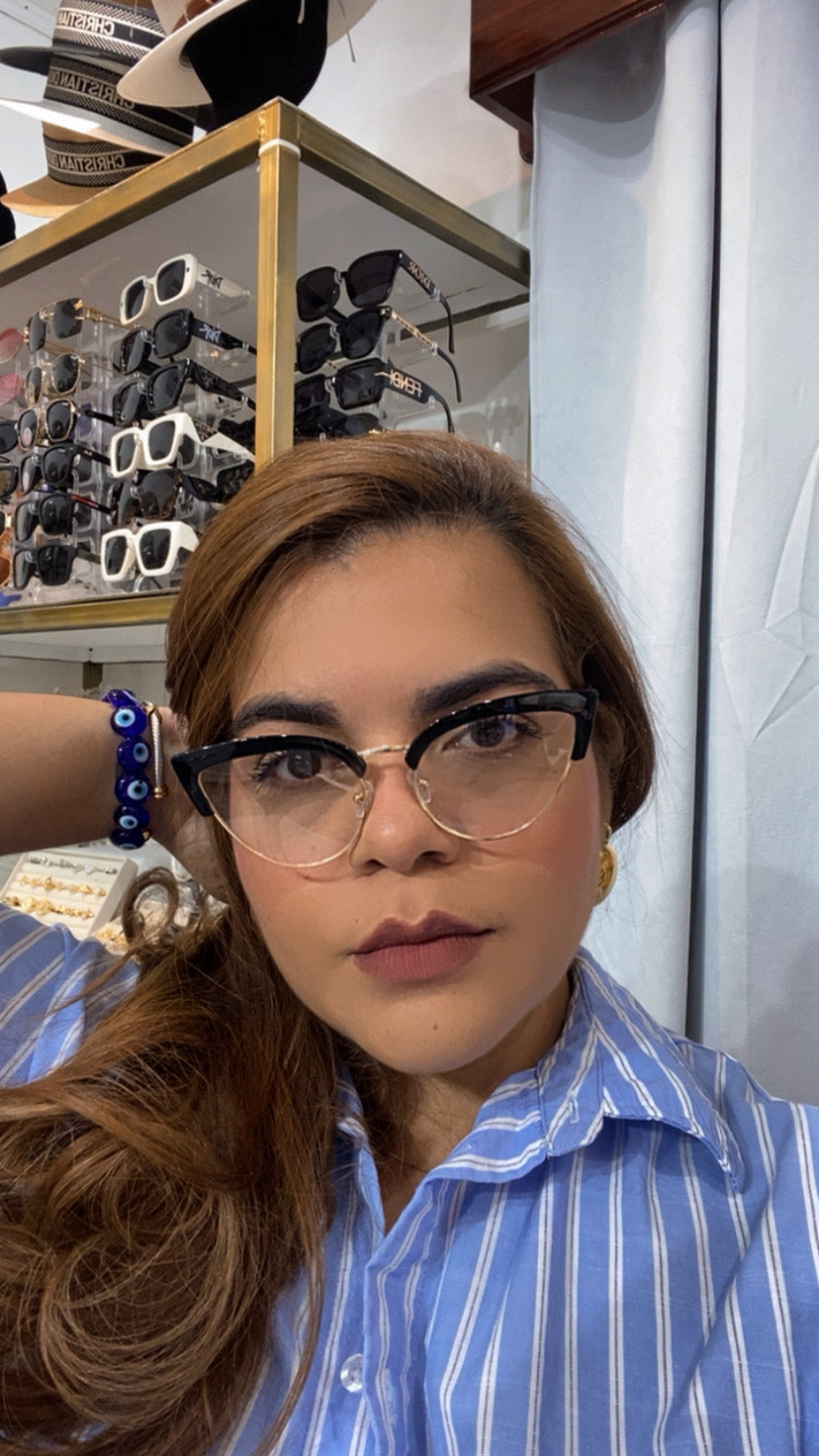 Lentes Cat Eye Dorados Con Aro Grueso Negro Arriba