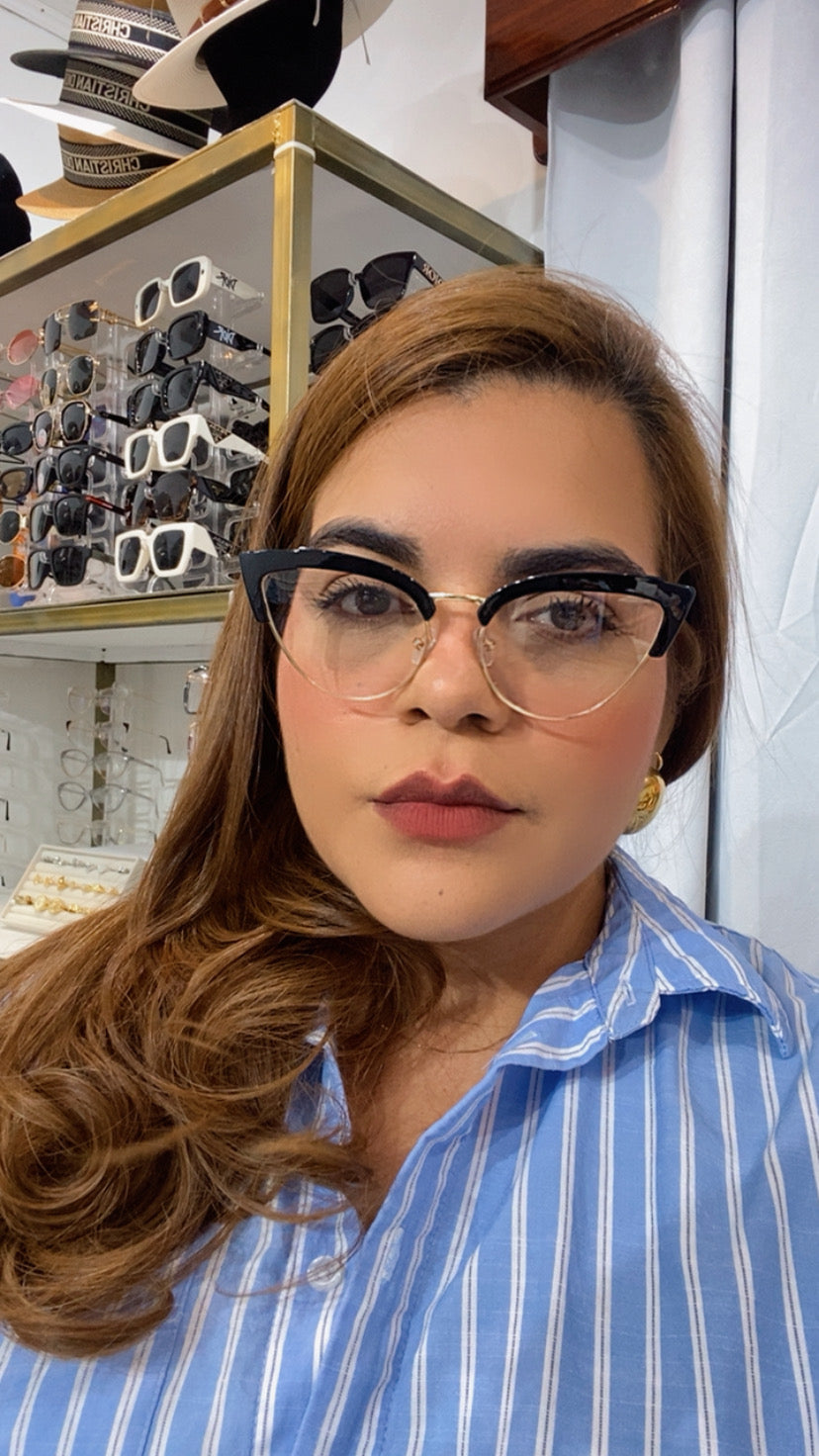 Lentes Cat Eye Dorados Con Aro Grueso Negro Arriba
