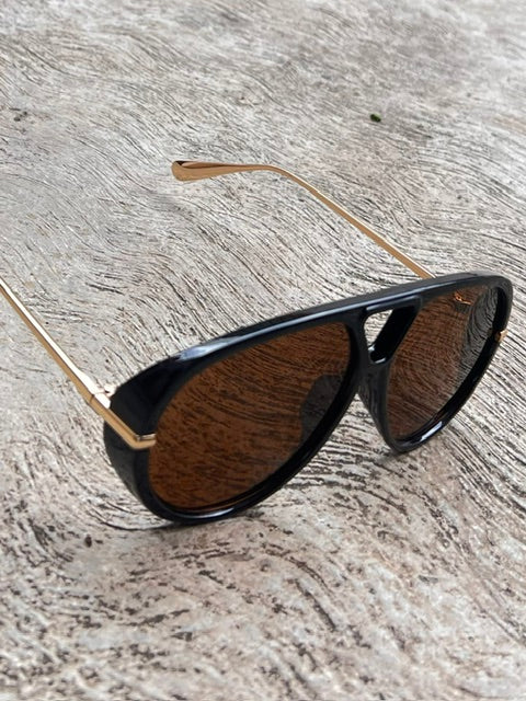 Lente Aviador Grande Café Aro Negro Patillas Metal Gold