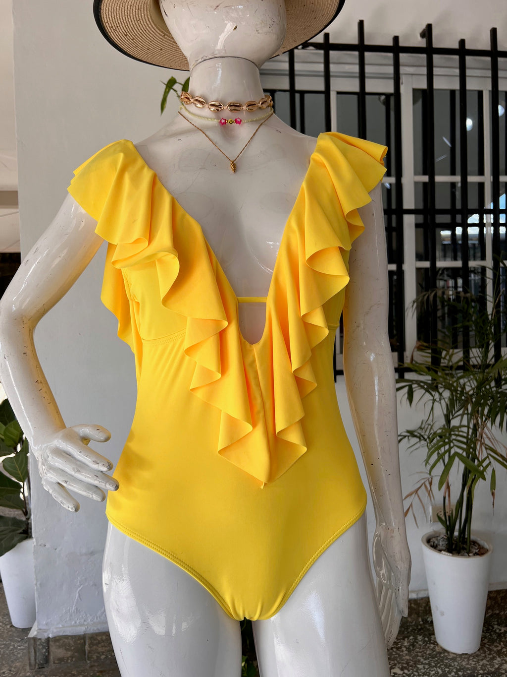 Traje de Baño 1 Pieza Amarillo con Revuelos