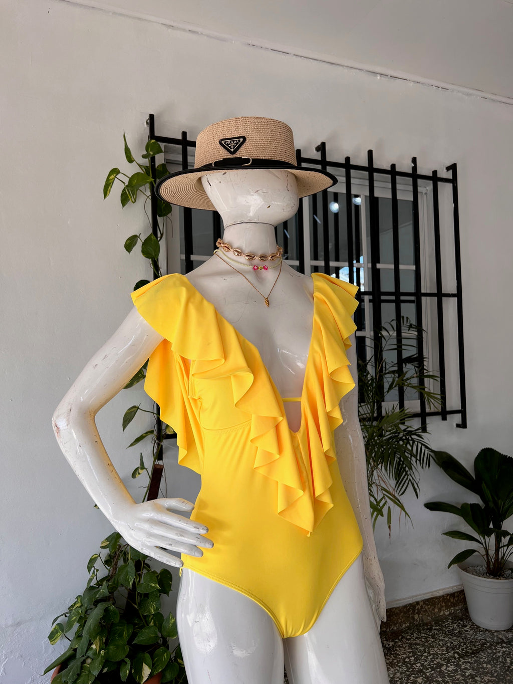Traje de Baño 1 Pieza Amarillo con Revuelos