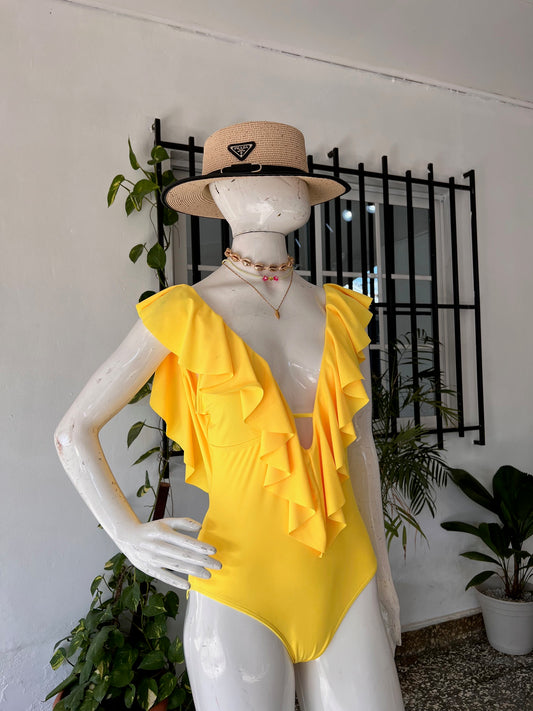 Traje de Baño 1 Pieza Amarillo con Revuelos