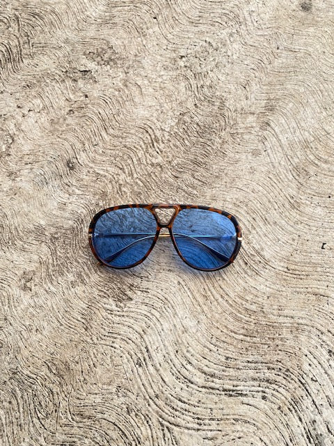 Lente Aviador Grande Azul Con Leopardo Patillas Metal Gold